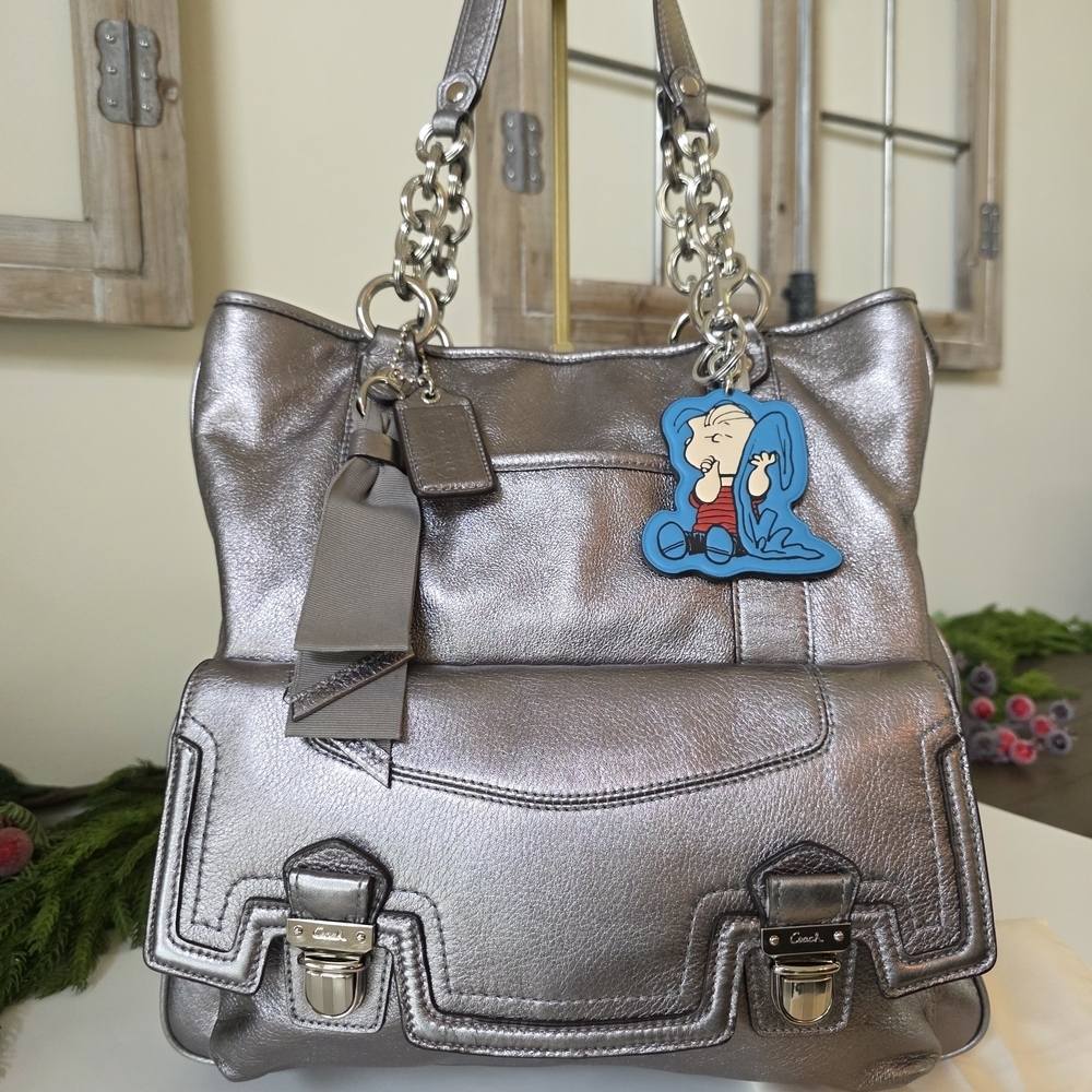 Coach Poppy Y2k Pushlock North South Tote- Metallic Silver  & Coach Linus Charm